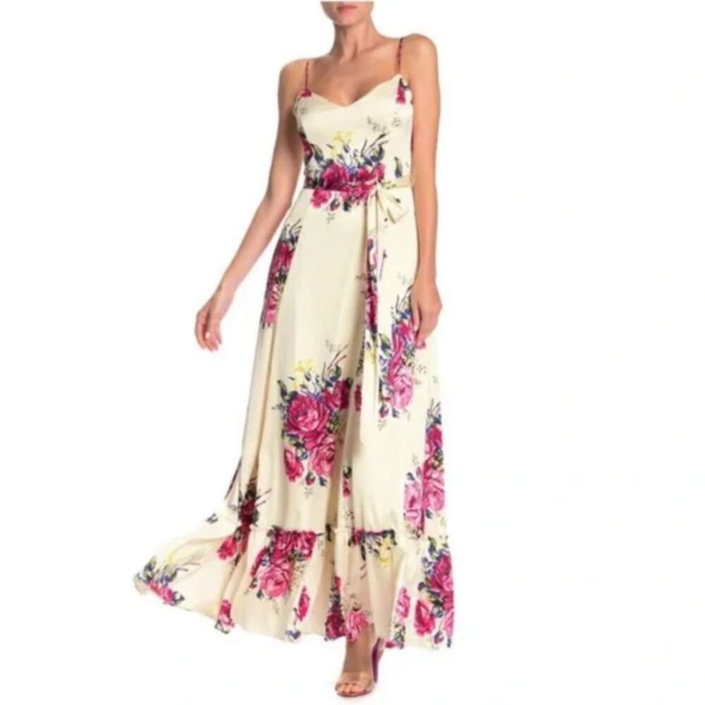 Betsey Johnson Floral Satin Maxi Dress in Floral ivory / Pink size 2